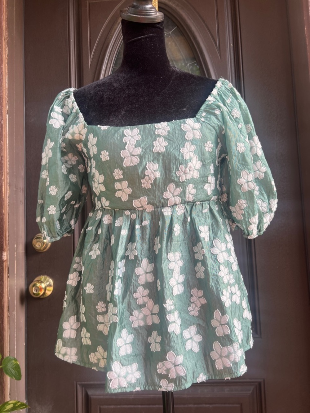 Sage Green Floral Square-Neck Puff Sleeve Tunic